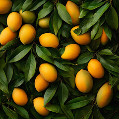 Whole and halved mangoes with lush green leaves, vibrant orange and green colors, high-resolution, 16:9 aspect ratio. 