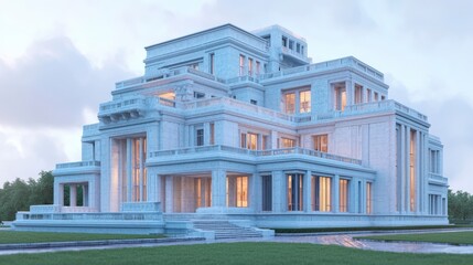 Luxurious Neoclassical Mansion Exterior Evening Light