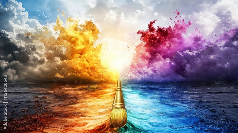 Aufkleber golden paintbrush creating vibrant pathway of color dreamlike landscape digital art surreal environm