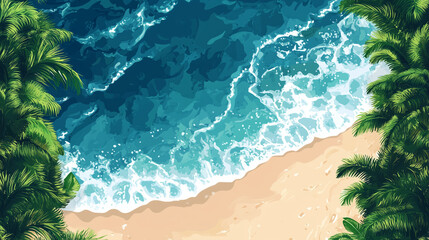 A top-down view of an ocean beach with waves crashing onto the shore