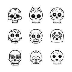 Halloween skull set cute doodle line art icons