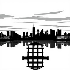 Obraz premium city skyline silhouette, urban reflection, water mirror, dramatic sky, black and white, high contrast, architectural landmarks, grid structure in foreground, minimalist design, panoramic view, graphic