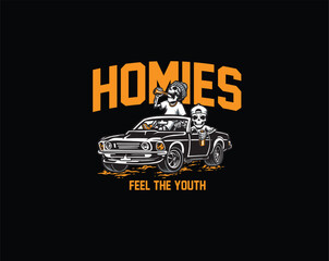Homies skull and car gangster illustration