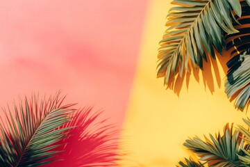 Bright palm leaves create dynamic shadows on a vivid pink and yellow backdrop, evoking a tropical, sunny atmosphere.