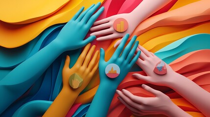 Fototapeta premium Colorful Hands Holding Abstract Data Symbols