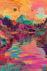 A colorful abstract landscape featuring surreal mountains and reflective water in vivid neon hues, creating a dreamlike atmosphere.