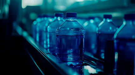 The production line of blue water bottles is in progress, and the focus lens is trained on a single bottle in the foreground.