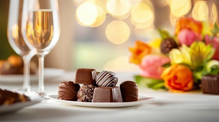 Fototapeta premium Romantic Evening Champagne and Chocolates with Flowers