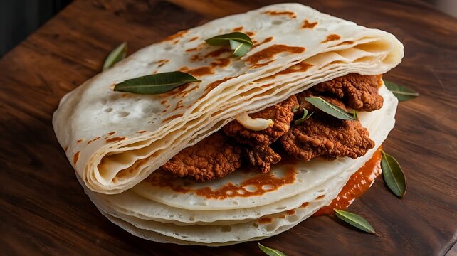 Flaky malabar parotta served with spicy Kerala-style beef fry, garnished with curry leaves and onion rings on rustic wooden plate