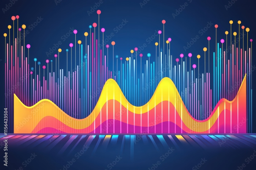 Poster colorful abstract data visualization with dynamic waves and dots