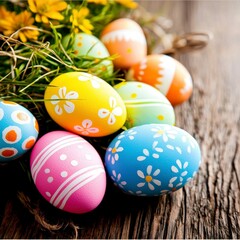 Fototapeta premium Colorful Easter Eggs Spring Holiday Decoration Festive Table Setting Painted Eggs Wood