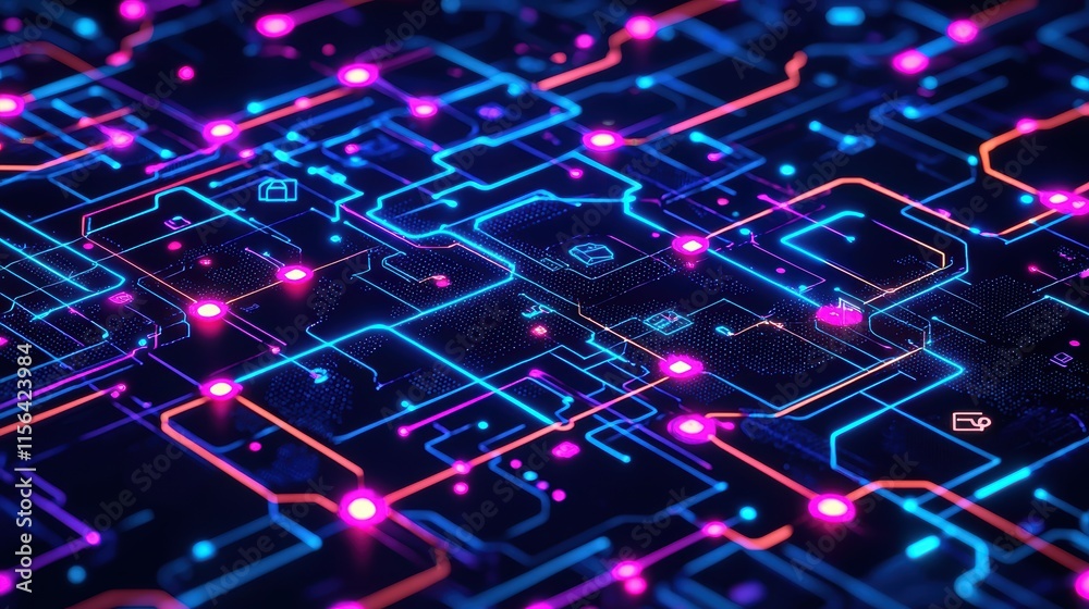 Poster abstract colorful circuit board design with neon lights and patterns