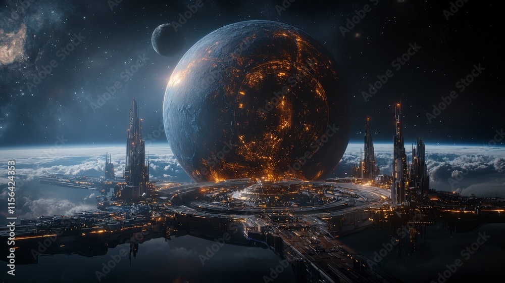 Poster futuristic city orbiting a massive planet outer space digital art sci-fi environment wide-angle view