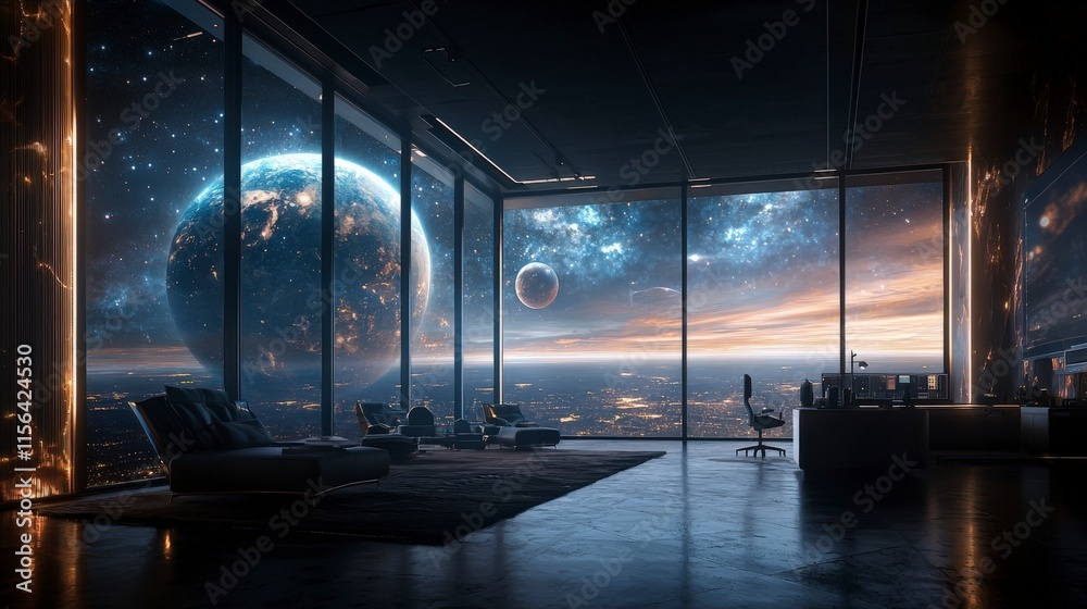 Poster futuristic space command center panoramic view sci-fi interior cosmic environment modern design inno
