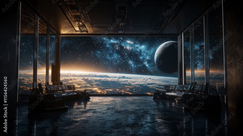 Poster futuristic space command center overlooking cosmic horizon sci-fi setting high-tech environment pano