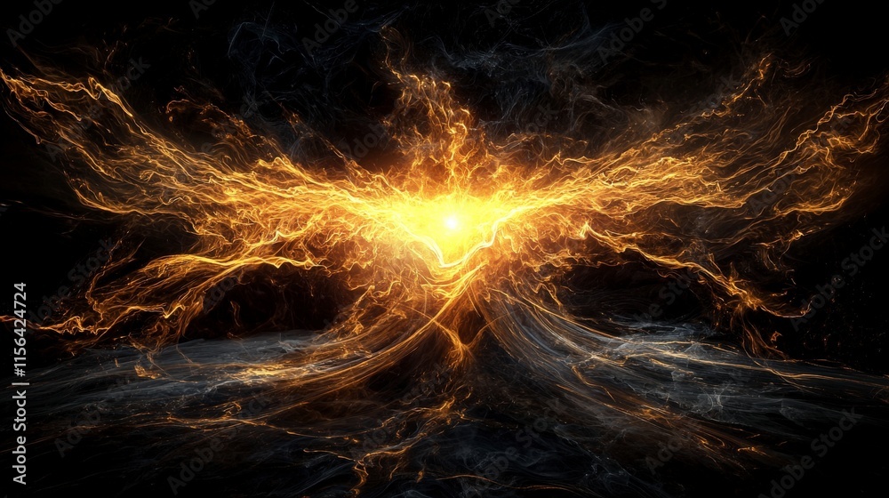 Poster golden energy ripple emanating from dark void in abstract art digital artwork cosmic environment ill