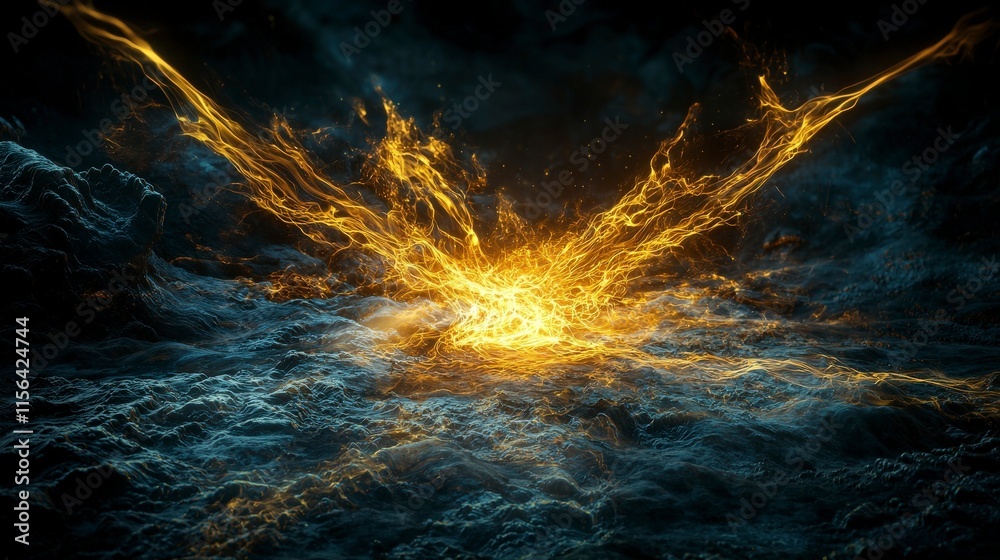 Poster Golden energy ripple erupting in dark void abstract art digital creation surreal environment dynamic view mystical concept