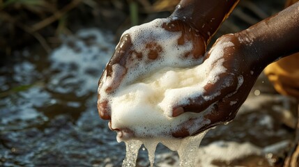 Obraz premium Dark hands lather soap by water. Illustrates hygiene, cleanliness, and access to water.