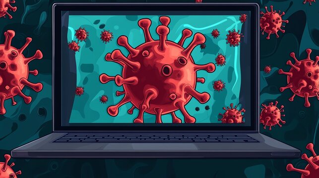 Laptop screen displaying red virus cells against a blue and green background.