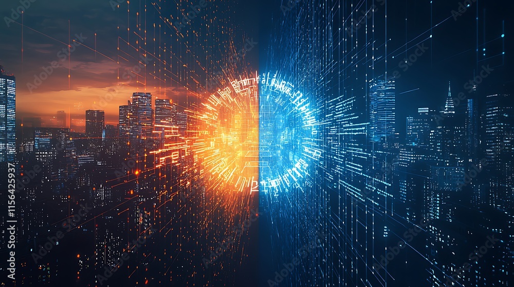 Poster Digital Cityscape Showing Binary Code Data Streams