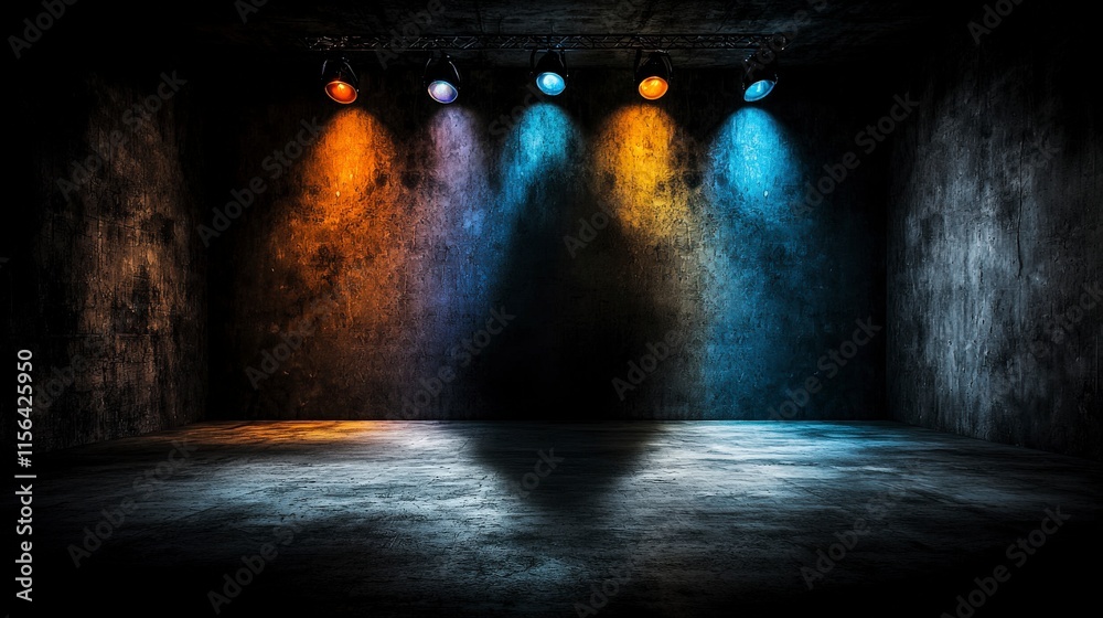 Poster dynamic shadow play illuminated by colorful lights in an empty studio space