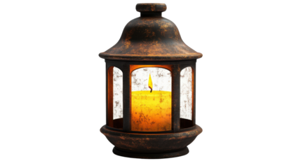 Rustic lantern with a candle inside, transparent background