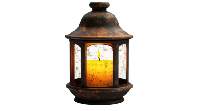 Rustic lantern with a candle inside, transparent background