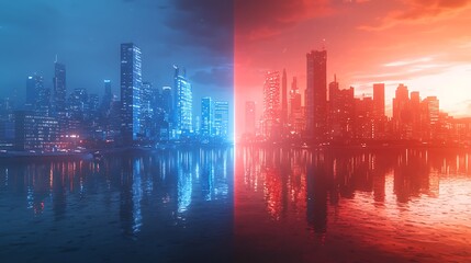 Fototapeta premium Cityscape Divided by Blue and Red Night Sky