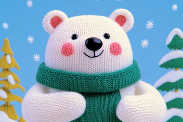 Cute knitted polar bear standing in a snowy landscape, holding a woolen scarf, surrounded by snow-covered pine trees and falling snowflakes, in a magical and detailed scene.