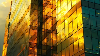 Modern gold and glass architecture of a high-rise building at sunset