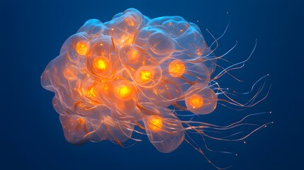Glowing Orange Jellyfish Cluster Deep Ocean Bioluminescence