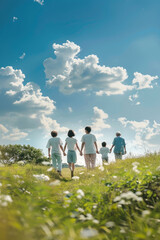 Fototapeta premium A happy family walking hand in hand on a grassy hill under blue sky. Ideal for themes of unity, love, togetherness, lifestyle, and generational bonding