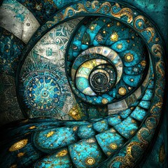 Intricate Spiral Staircase Design  Abstract Teal  Gold Mosaic Art