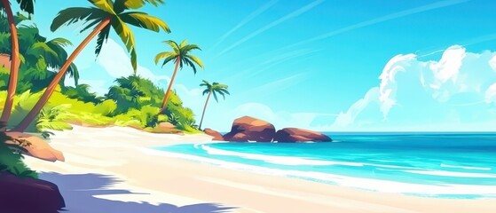 Tropical beach with crystal-clear turquoise water and vibrant palm trees