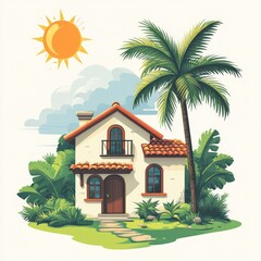 Sunny Spanish-style house with palm tree.