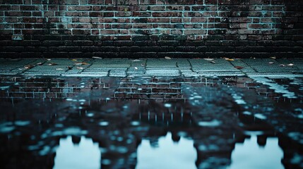 A puddle of water reflecting a brick wall in an urban setting.