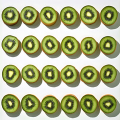 Fototapeta premium Whole and sliced kiwi fruits arranged neatly on a clean white surface, bright green and brown colors, high-detail, 16:9 aspect ratio. 