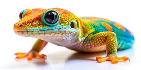Obraz premium Gecko Worm's Eye View: Close-Up Reptile Photography, White Background, Isolated Lizard