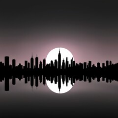 Fototapeta premium A sunset over a futuristic city skyline reflected in water. skyline silhouette. cityscape illustration architecture city 