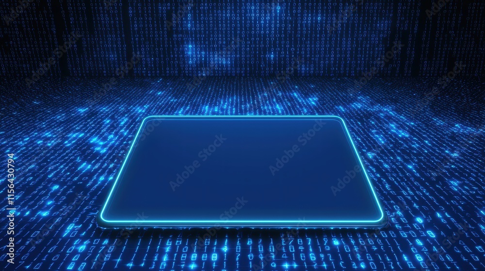 Poster futuristic digital workspace with neon border and binary background