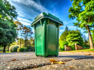 Fototapeta premium Green Plastic Recycling Bin Worm's Eye View - Detailed Closeup Photo