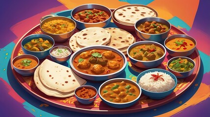 An Indian thali with multiple bowls of curries, rice, and naan bread, in a colorful traditional illustration style.