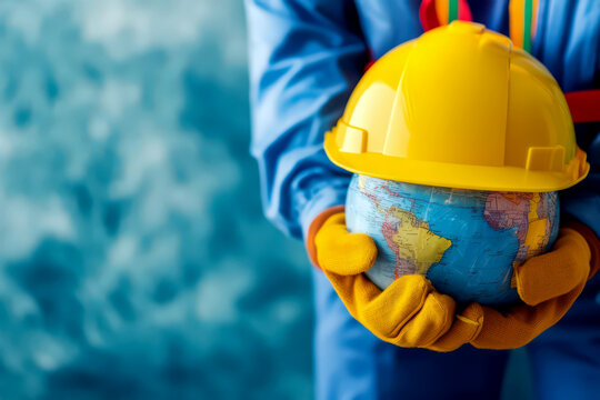 Promoting workplace safety and health awareness with protective gear. Day for Safety and Health at Work. Horizontal banner. Copy space. Globe and safety helmet in the hands on a blue background