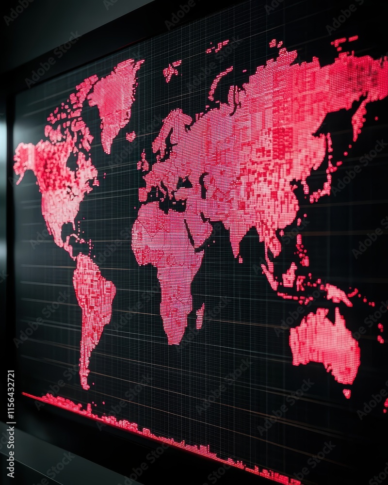 Poster modern digital world map visualization with red data points