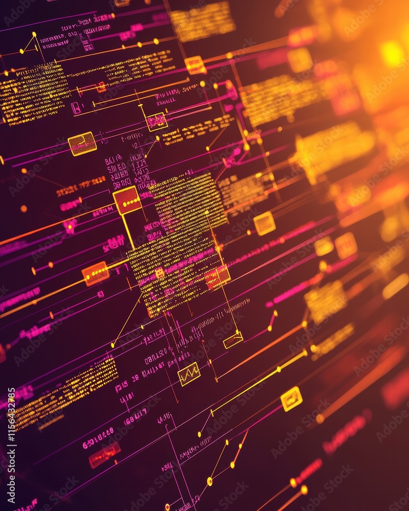 Poster abstract digital data visualization with colorful lines and circles