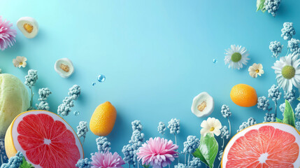 Allergy awareness week concept with citrus fruits and flowers on blue abstract background. Horizontal banner. Copy space. Citrus and flowers on a blue background