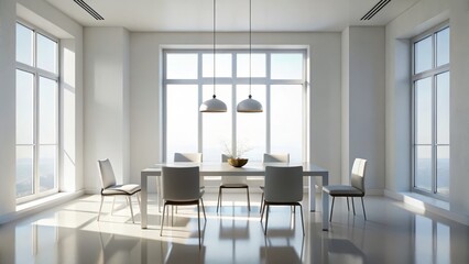 Fototapeta premium Minimalist Panoramic White Dining Room Silhouette Photography: Frame & Elegant Design