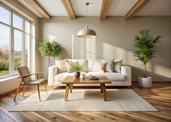 Fototapeta premium Minimalist White Sofa Living Room Worm's Eye View: Beige Rug, Wooden Coffee Table Interior Design Photography
