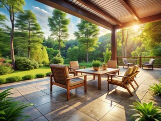 Obraz premium Modern Patio Design: Lush Forest View, Wooden Furniture, Tiled Floor - Eye Level Shot