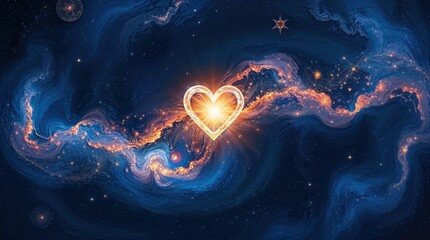 Luminous heart formation amid swirling blue and golden cosmic clouds in deep space. Universal love concept.